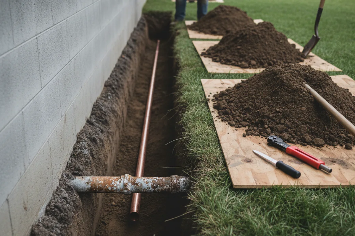 Excavated water line trench during Sewer Line Repair in Grayling